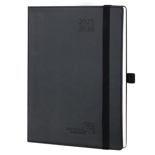 POPRUN Kalender 2025 2026 Wochenplaner (Aug.2025-Dez.2026) Softcover mit PU-Leder, ca. A5 (22 x 16,5 cm), 17-Monate-Terminplaner 1 Woche 2 Seite mit Zertifiziertem Papier - Schwarz von POPRUN