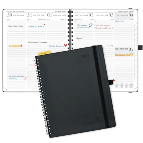 POPRUN Kalender 2025 Wochenplaner Ringbuch mit Softcover, ca. A4 (26,5 x 21,5 cm), 12-Monate-Terminplaner (Jan.2025-Dez.2025) 1 Woche 2 Seite mit 100 GSM Zertifiziertem Papier - Schwarz von POPRUN