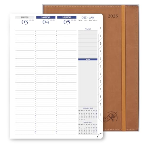 POPRUN Kalender 2025 Wochenplaner Softcover mit PU-Leder 28.5 x 22.2 cm - auf Deutsch - Terminplaner 2025 A4 mit 15-Minuten-Intervall und Vertikalem Wochenlayout, 100 GSM Papier - EU-25-CDLA4-BN von POPRUN
