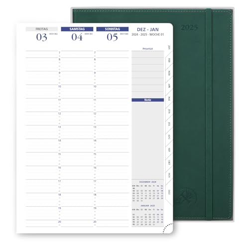 POPRUN Kalender 2025 Wochenplaner Softcover mit PU-Leder 28.5 x 22.2 cm - auf Deutsch - Terminplaner 2025 A4 mit 15-Minuten-Intervall und Vertikalem Wochenlayout, 100 GSM Papier - EU-25-CDLA4-FGN von POPRUN