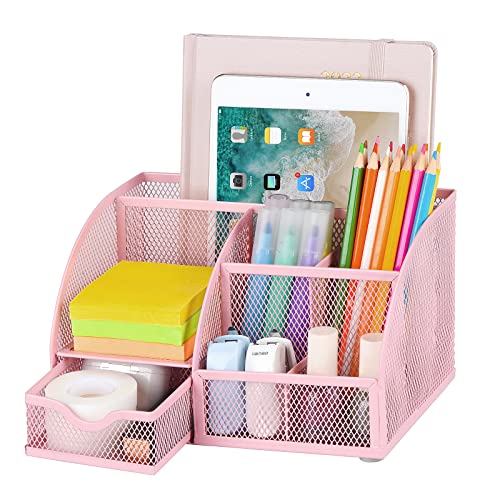 POPRUN Kinder Schreibtisch Organizer Mädchen Stiftehalter Tisch Organizer mit Stiftablagen und Schublade aus Metall Netz für Büro und Schule Rosa von POPRUN