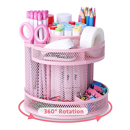 POPRUN Kinder Schreibtisch Organizer rotierend,Stiftehalter,Stifteköcher drehbar aus Metalldraht, geeignet für Schule und Büro rosa von POPRUN