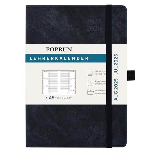 POPRUN Lehrerkalender 2025 2026 DIN A5 - Lehrerplaner 25/26 für die Unterrichtsvorbereitung mit Monatliches Register. Schulplaner mit PU-Leder Hardcover für Lehrerinnen und Lehrer - Schwarz von POPRUN