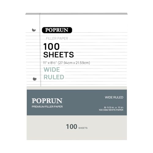 POPRUN Loseblattpapier, 21,6 x 27,9 cm breit, liniert, 100 g/m², liniert, 3-fach gelocht, für Ordner, Notizbuch, Büro, Schulbedarf, 1 Packung (100 Blatt) von POPRUN