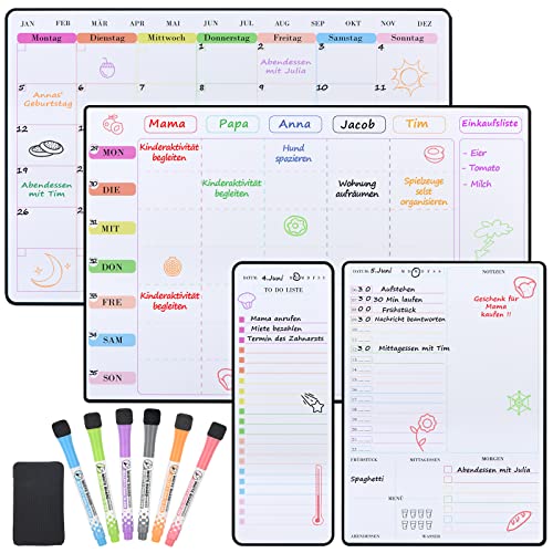 POPRUN Magnetisch Whiteboard Familienplaner Wochenplaner+Monatsplaner+Tagesplaner+To Do Liste abwischbar,Magnettafel für Kühlschrank,Monatskalender,Memoboard,Terminplaner auf Deutsch (4 Stücke) von POPRUN