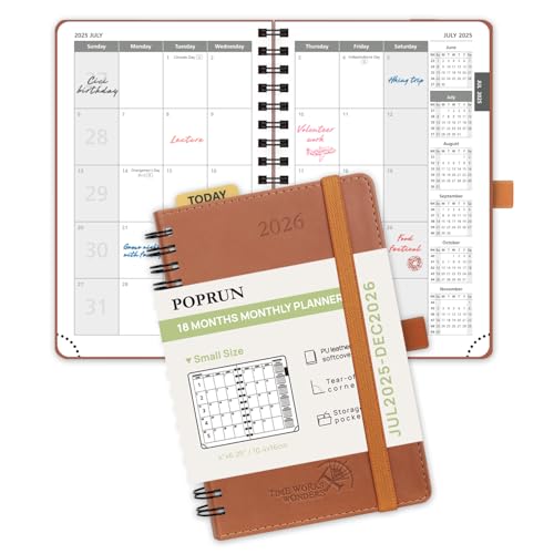 POPRUN Monatsplaner 2025–2026, Taschenformat (10,2 x 15,7 cm), 18 Monate Kalender (Juli 2025 – Dezember 2026), 4 Seiten pro Monat mit monatlichen Ausgaben und Notizen, Sonntagsstart, Ledereinband von POPRUN