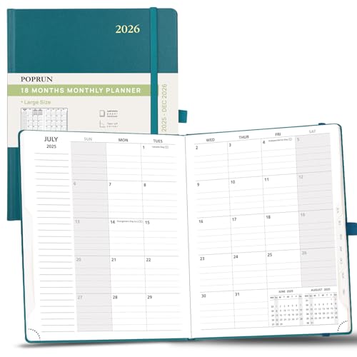 POPRUN Monatsplaner 2025-2026 (B5 21,6 x 26,7 cm), 18-Monate-Kalenderbuch (25. Juli - 26. Juli) mit monatlichen Registern, Hardcover, Innentasche, 100 g/m² dickes Papier, Pazifikgrün von POPRUN