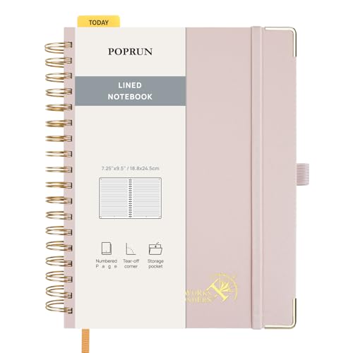 POPRUN Notizbuch B5 liniert,Horizontal Line Journal, Spiral-Notizbücher 120 GSM Papier, 220 nummerierte Seiten, Hardcover mit Kleberegisterkarten und 8 Abreißblättern- LPK(Hellrosa) von POPRUN