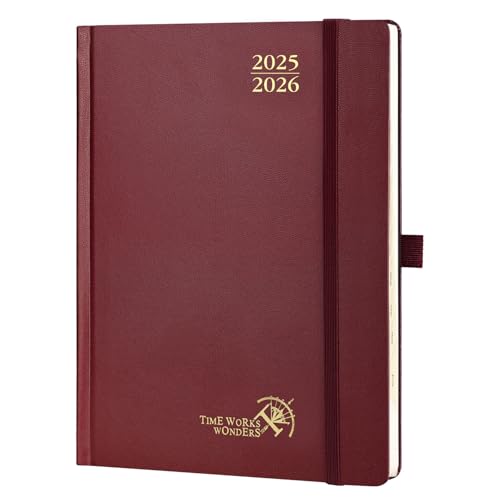 POPRUN Planer 2025–2026, Akademischer Kalender (25. Juli 26 Juni), Tages-, Wochen- und Monatsterminbuch mit stündlichen Zeitschlitzen, monatlichen Registern, 100 g/m², Burgunderrot von POPRUN