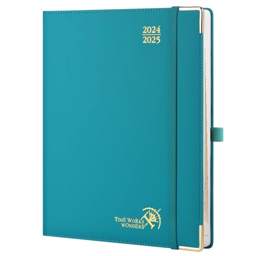 POPRUN Premium Kalender 2025 Wochenplaner (Aug.2024-Dez.2025), ca. A4 (26,5 x 21,5 cm), 17-Monate-Terminplaner, Buchkalender 2025 Hardcover mit Vergoldete Schutzecken, 100 GSM Papier - Pazifikgrün von POPRUN