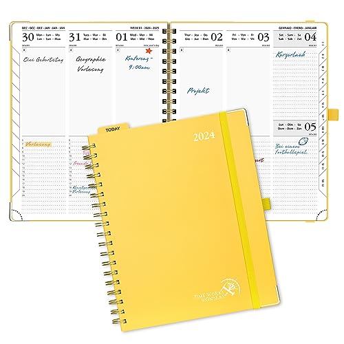 POPRUN Premium Kalender 2024 Wochenplaner 25,5 x 20,5 cm, 12-Monate-Terminplaner Ringbuch (Jan.2024-Dez.2024), Planer Hardcover mit Plastiklineal, FSC®-Zertifiziertem Papier - Hellgelb von POPRUN