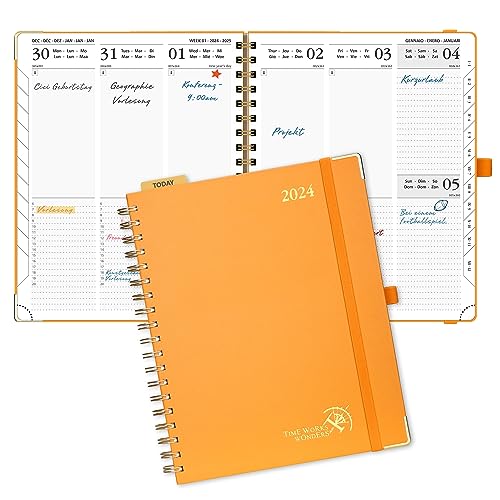 POPRUN Premium Kalender 2024 Wochenplaner 25,5 x 20,5 cm, 12-Monate-Terminplaner Ringbuch (Jan.2024-Dez.2024), Planer Hardcover mit Plastiklineal, FSC®-Zertifiziertem Papier - Orange von POPRUN