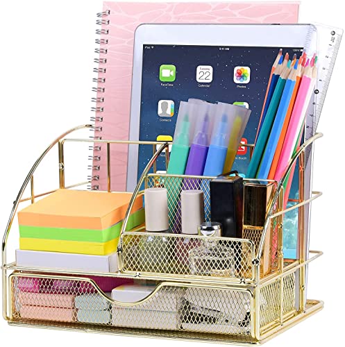 POPRUN Schreibtisch Organizer Tischorganizer mit Stiftablagen/Stifthalter und Schublade Utensilienschalen aus Metall Netz Gold von POPRUN