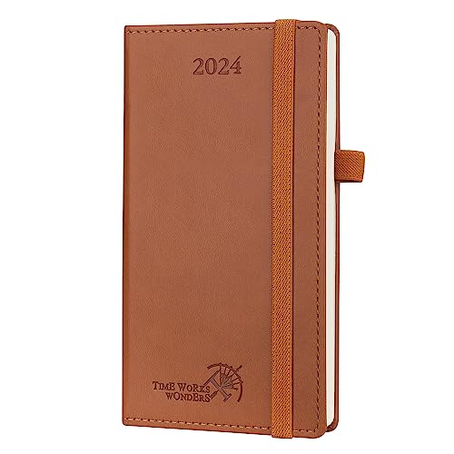 POPRUN Slim 2024 Pocket Diary Week To View 16.5 x 9 cm Vegan Leather Hacdback, Vertical 24 Small Weekly Planner with Work Appointment, Elastic Closure, 80GSM FSC® Certified Paper - Brown von POPRUN