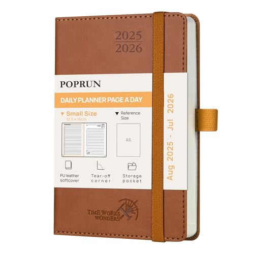 POPRUN Tagesplaner 2025 2026 16 x 10,5 cm, Tageskalender A6 1 Tag 1 Seite (Montag - Sonntag), Terminplaner (Aug.2025-Jul.2026) Softcover mit PU-Leder - Braun von POPRUN