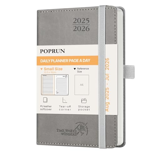 POPRUN Tagesplaner 2025 2026 16 x 10,5 cm, Tageskalender A6 1 Tag 1 Seite (Montag - Sonntag), Terminplaner (Aug.2025-Jul.2026) Softcover mit PU-Leder - Grau von POPRUN