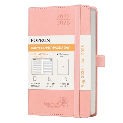 POPRUN Tagesplaner 2025 2026 16 x 10,5 cm, Tageskalender A6 1 Tag 1 Seite (Montag - Sonntag), Terminplaner (Aug.2025-Jul.2026) Softcover mit PU-Leder - Rosa von POPRUN