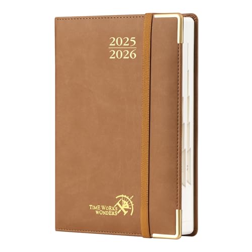POPRUN Tagesplaner 2025 2026 A5 Hardcover 21,5 x 14,5 cm (Aug.2025-Jul.2026), Tageskalender 1 Tag 1 Seite (Montag - Sonntag) mit PU-Leder, Monatliche Registerkarten - Braun von POPRUN