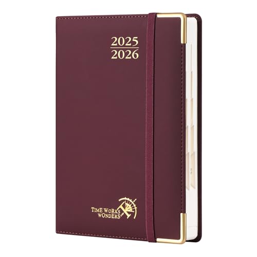 POPRUN Tagesplaner 2025 2026 A5 Hardcover 21,5 x 14,5 cm (Aug.2025-Jul.2026), Tageskalender 1 Tag 1 Seite (Montag - Sonntag) mit PU-Leder, Monatliche Registerkarten - Weinrot von POPRUN