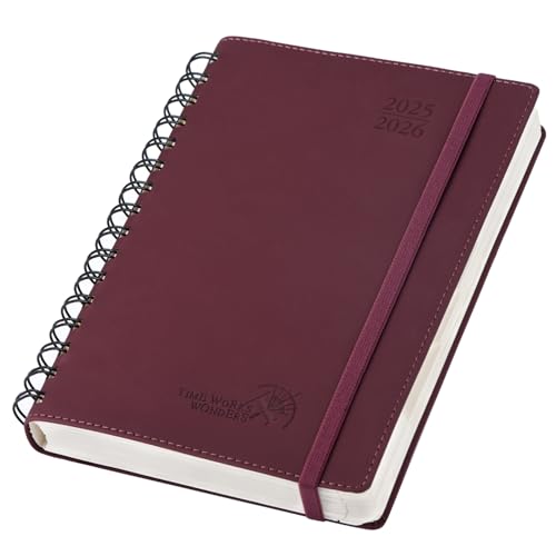 POPRUN Tagesplaner 2025 2026 A5 Ringbuch 21,5 x 14,5 cm (Aug.2025-Jul.2026), Tageskalender 1 Tag 1 Seite (Montag - Sonntag) mit Softcover, PU-Leder, Monatliche Registerkarten - Weinrot von POPRUN