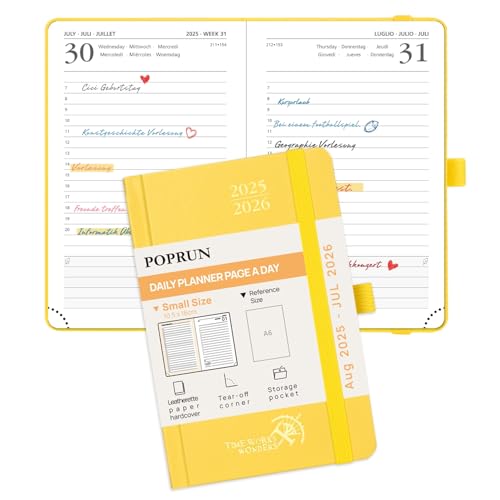 POPRUN Tagesplaner 2025 2026 Hardcover 16 x 10,5 cm, Tageskalender A6 1 Tag 1 Seite (Montag - Sonntag), Terminplaner (Aug.2025-Jul.2026) mit Stiftschlaufe - Hellgelb von POPRUN