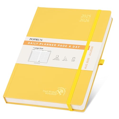 POPRUN Tagesplaner 2025 2026 Hardcover 30,5 x 22 cm, Tageskalender A4 1 Tag 1 Seite (Montag - Sonntag), Terminplaner (Aug.2025-Jul.2026) mit Stiftschlaufe - Hellgelb von POPRUN