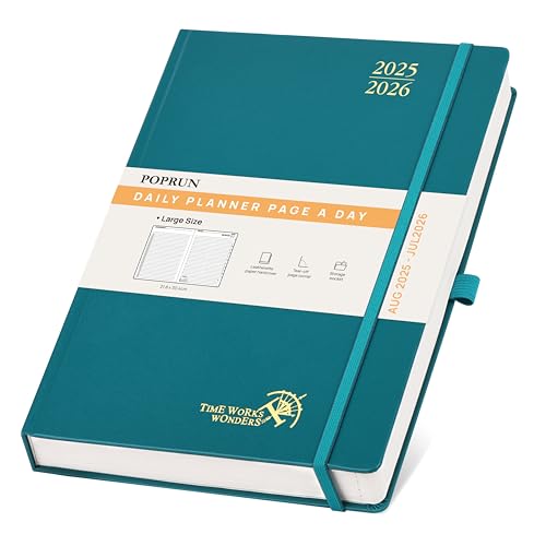 POPRUN Tagesplaner 2025 2026 Hardcover 30,5 x 22 cm, Tageskalender A4 1 Tag 1 Seite (Montag - Sonntag), Terminplaner (Aug.2025-Jul.2026) mit Stiftschlaufe - Pazifikgrün von POPRUN