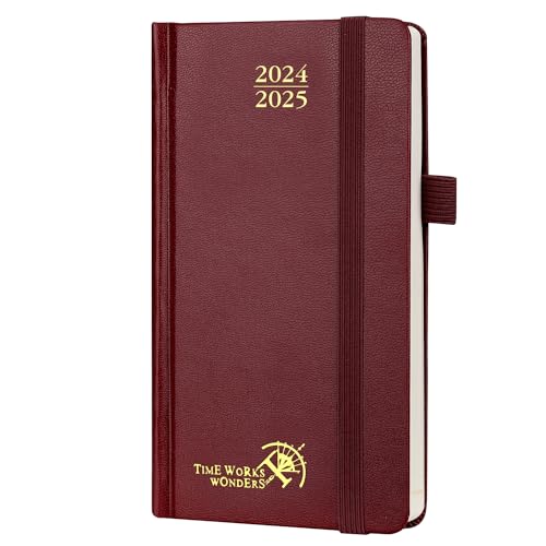 POPRUN Taschenkalender 2024 2025 Klein 16,5 x 9 cm (Aug.2024-Dez.2025) - Kalender 2024 2025 Klein Hardcover - Terminplaner, Planer 1 Woche 2 Seite mit Innentasche - Burgund von POPRUN