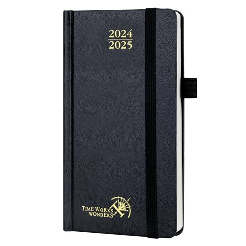 POPRUN Taschenkalender 2024 2025 Klein 16,5 x 9 cm (Aug.2024-Dez.2025) - Kalender 2024 2025 Klein Hardcover - Terminplaner, Planer 1 Woche 2 Seite mit Innentasche - Schwarz von POPRUN