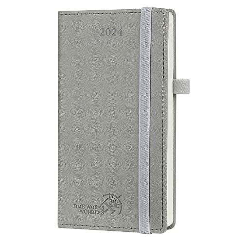 POPRUN Taschenkalender 2024 Klein 16,5 x 9 cm (Jan.2024-Dez.2024) - Kalender 2024 mit PU-Leder - Terminplaner, Planer 1 Woche 2 Seite mit Zertifiziertem Papier - Grau von POPRUN