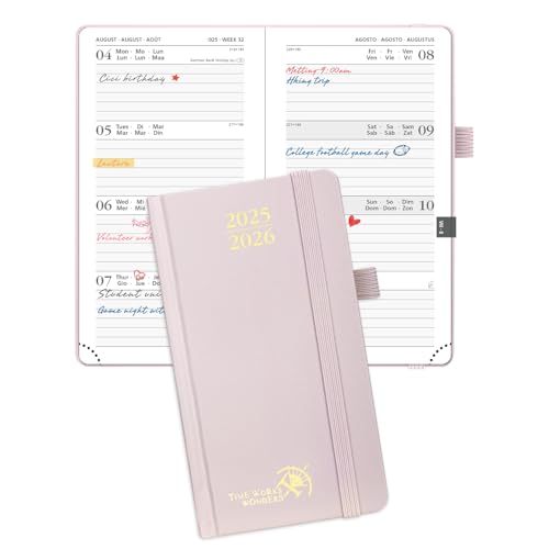 POPRUN Taschenkalender 2025 2026 Klein 16,5 x 9 cm (Aug.2025-Dez.2026) - Kalender 2025 2026 Klein Hardcover - Terminplaner, Planer 1 Woche 2 Seite mit Innentasche - Hellrosa von POPRUN