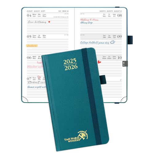 POPRUN Taschenkalender 2025 2026 Klein 16,5 x 9 cm (Aug.2025-Dez.2026) - Kalender 2025 2026 Klein Hardcover - Terminplaner, Planer 1 Woche 2 Seite mit Innentasche - Pazifikgrün von POPRUN