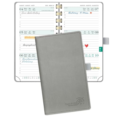 POPRUN Taschenkalender 2025 2026 Klein 16,5 x 9 cm (Aug.2025-Dez.2026) - Kalender 2025 2026 Klein Ringbuch mit Softcover - Terminplaner, Planer 1 Woche 2 Seite mit Kartenschlitz - Grau von POPRUN