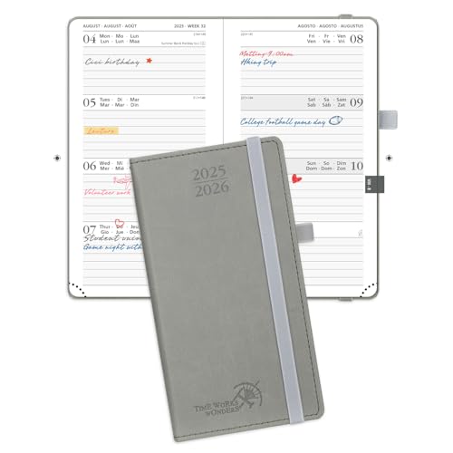 POPRUN Taschenkalender 2025 2026 Klein 16,5 x 9 cm (Aug.2025-Dez.2026) - Kalender 2025 2026 Klein mit PU-Leder - Terminplaner, Planer 1 Woche 2 Seite mit Stiftschlaufe - Grau von POPRUN