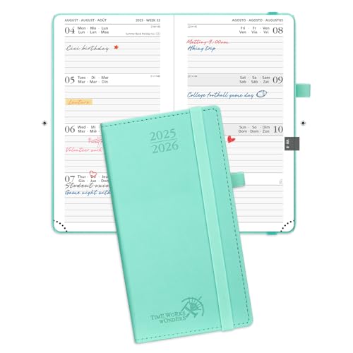 POPRUN Taschenkalender 2025 2026 Klein 16,5 x 9 cm (Aug.2025-Dez.2026) - Kalender 2025 2026 Klein mit PU-Leder - Terminplaner, Planer 1 Woche 2 Seite mit Stiftschlaufe - Mintgrün von POPRUN