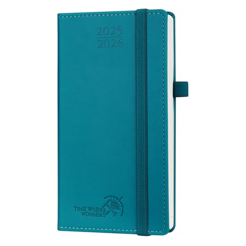 POPRUN Taschenkalender 2025 2026 Klein 16,5 x 9 cm (Aug.2025-Dez.2026) - Kalender 2025 2026 Klein mit PU-Leder - Terminplaner, Planer 1 Woche 2 Seite mit Stiftschlaufe - Pazifikgrün von POPRUN