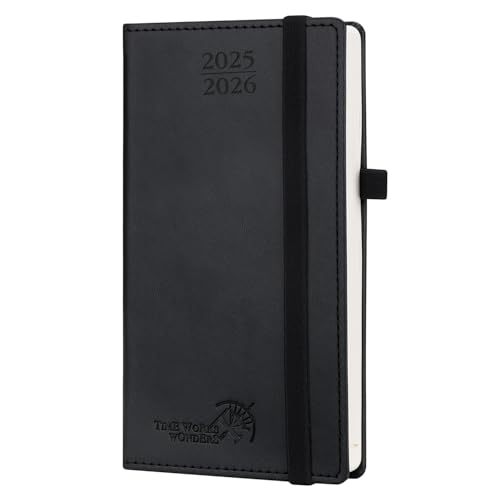POPRUN Taschenkalender 2025 2026 Klein 16,5 x 9 cm (Aug.2025-Dez.2026) - Kalender 2025 2026 Klein mit PU-Leder - Terminplaner, Planer 1 Woche 2 Seite mit Stiftschlaufe - Schwarz von POPRUN