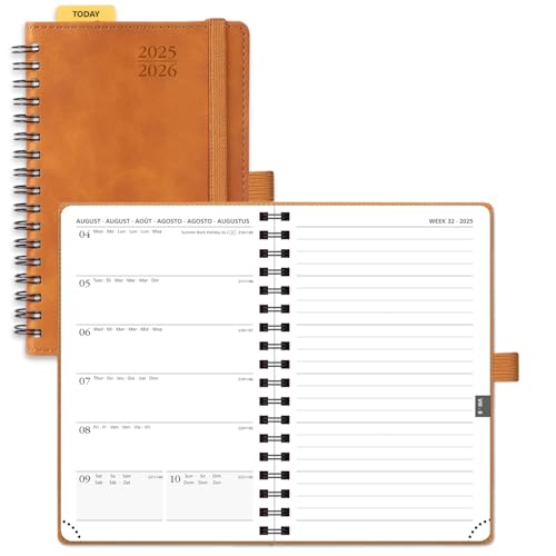 POPRUN Taschenkalender 2025 2026 Klein Notizbuch (Aug.2025-Dez.2026), ca. A6 (16 x 10,5 cm), kalender 2025 Klein Ringbuch mit Softcover - Terminplaner mit Plastiklineal - Braun von POPRUN