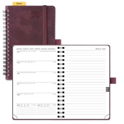 POPRUN Taschenkalender 2025 2026 Klein Notizbuch (Aug.2025-Dez.2026), ca. A6 (16 x 10,5 cm), kalender 2025 Klein Ringbuch mit Softcover - Terminplaner mit Plastiklineal - Weinrot von POPRUN