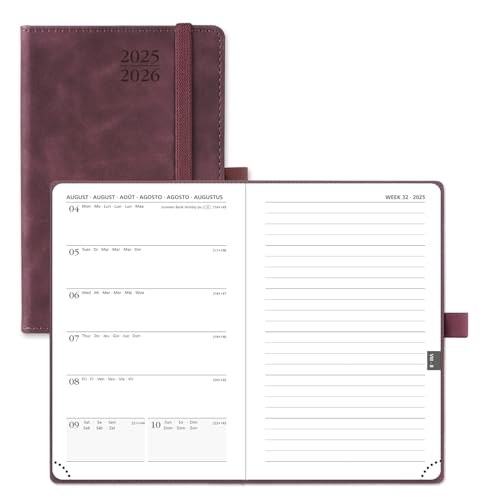 POPRUN Taschenkalender 2025 2026 Klein Notizbuch (Aug.2025-Dez.2026), ca. A6 (16 x 10,5 cm), kalender 2025 Klein mit Softcover - Terminplaner mit PU-Leder - Weinrot von POPRUN