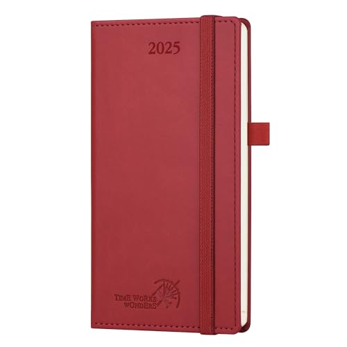 POPRUN Taschenkalender 2025 Klein 16,5 x 9 cm (Jan.2025-Dez.2025) - Kalender 2025 Klein mit PU-Leder - Terminplaner, Planer 1 Woche 2 Seite mit Stiftschlaufe - Burgunderrot von POPRUN