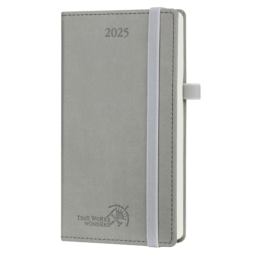 POPRUN Taschenkalender 2025 Klein 16,5 x 9 cm (Jan.2025-Dez.2025) - Kalender 2025 Klein mit PU-Leder - Terminplaner, Planer 1 Woche 2 Seite mit Stiftschlaufe - Grau von POPRUN