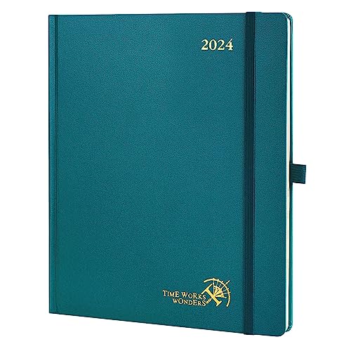 POPRUN Week to View Diary 2024 26.5 x 21.5 cm Hardback Large 24 Weekly Planner Vertical with Dotted Note Pages, Foldable Inner Pocket, Elastic Closure, 100 GSM FSC® Certified Paper - Pacific Green von POPRUN