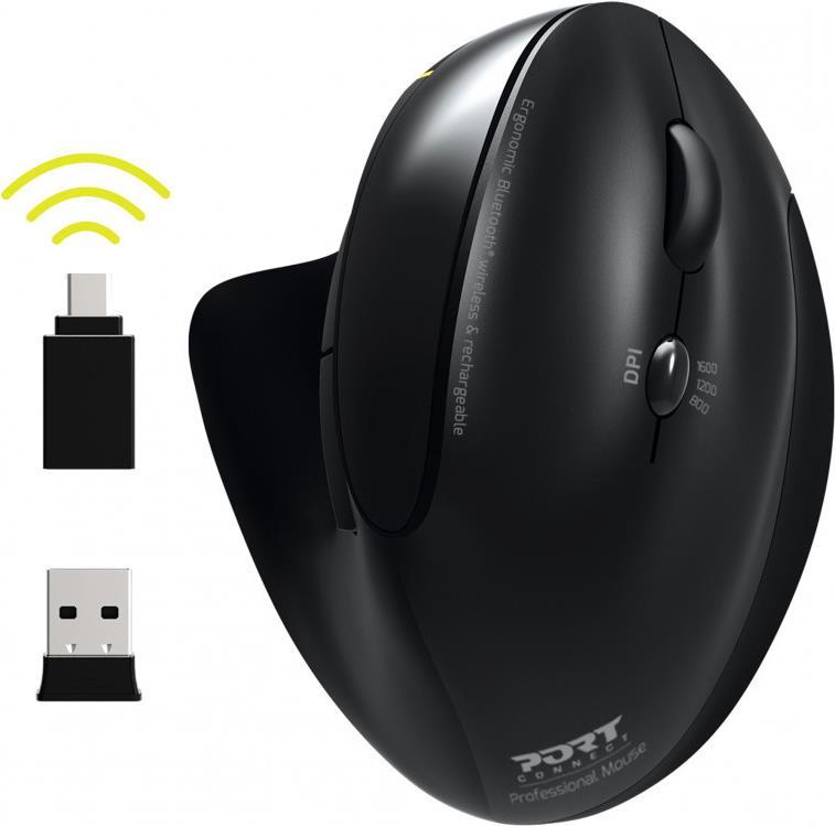 PORT Connect Professional - Vertikale Maus - ergonomisch - Für Rechtshänder - optisch - 5 Tasten - kabellos - 2,4 GHz, Bluetooth 3,0, Bluetooth 5,0 - USB / USB-C Wireless-Empfänger (900706-BT) von PORT DESIGNS