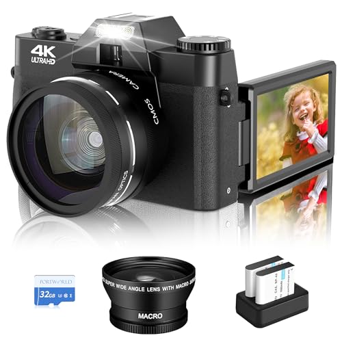 4K Digitalkamera 48MP Fotokamera mit 32GB Karte: 16X Digitalzoom 3.0" Kompaktkamera 180° Flip Bildschirm Fotokamera mit Weitwinkel+Macro Linse, Autofokus Vlogging Digitalkamera für Teenager Anfänger von PORTWORLD