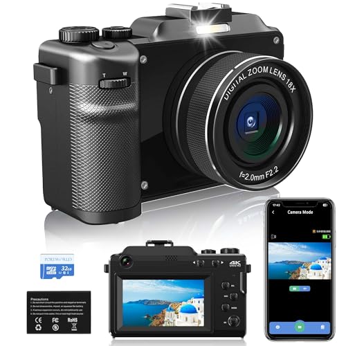 4K Digitalkamera mit Zwei Linsen: 48MP Autofokus Fotokamera,18X Zoom Kompaktkamera, 3'' Bildschirm Tragbare Fotokamera mit 32GB Karte für Teenager Anfänger Kinder von PORTWORLD