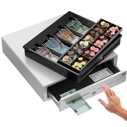 POS VALLEY Kassenschublade Push - Druckknopf Öffnung, mit 8 Münzfach und 4 Scheinfächer (euro), Abschließbar - Kassenlade Professionelle, Geldschublade, Kassen Schublade - 41x41 cm - Weiß von POS VALLEY