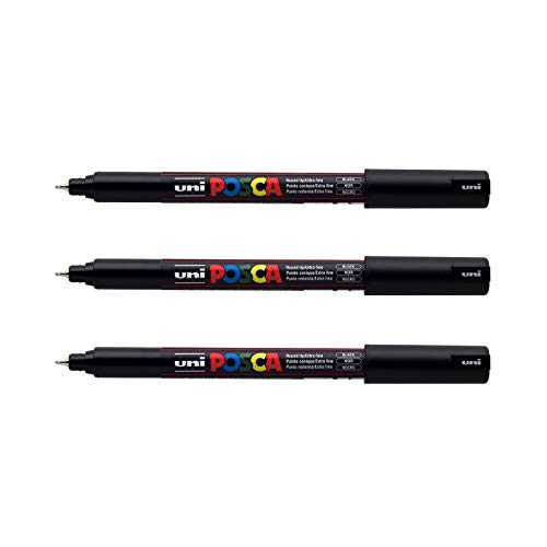 POSCA - Uni Mitsubishi Pencil – 3 schwarze Marker, PC1MR, extra feine Spitze, 0,7 mm – Marker auf Wasserbasis – alle Medien – für Papier, Textilien, Glas, Kieselsteine usw. von POSCA