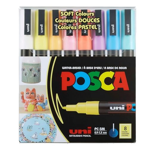 POSCA uni PC3M Stift mit feiner Spitze, weiche Farben, 8 Stück von Mitsubishi Materials