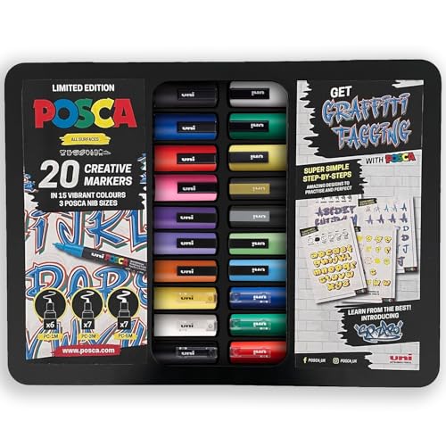 Posca Farbmarker, wasserbasierte Permanentmalstifte für Kunst und Handwerk, vielseitig einsetzbar auf Holz, Metall, Papier, Karton, Glas, Stoff, Keramik und Stein, Startergrafiti-Dose, Set mit 20 Posca Farbmarker, wasserbasierte Permanentmalstifte für Kunst und Handwerk, vielseitig einsetzbar auf Holz, Metall, Papier, Karton, Glas, Stoff, Keramik und Stein, Startergrafiti-Dose, Set mit 20 von POSCA